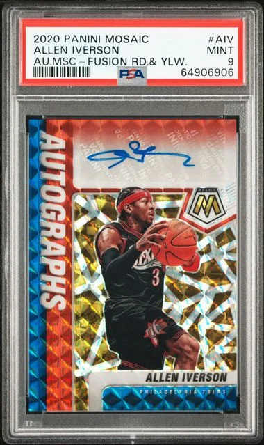 2020-21 Panini Mosaic Allen Iverson Autographs Mosaic Fusion Red & Yellow #AIV card image