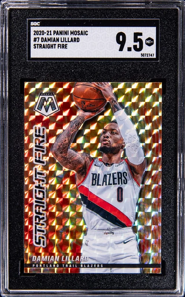 2020-21 Panini Mosaic Damian Lillard Straight Fire #7 card image