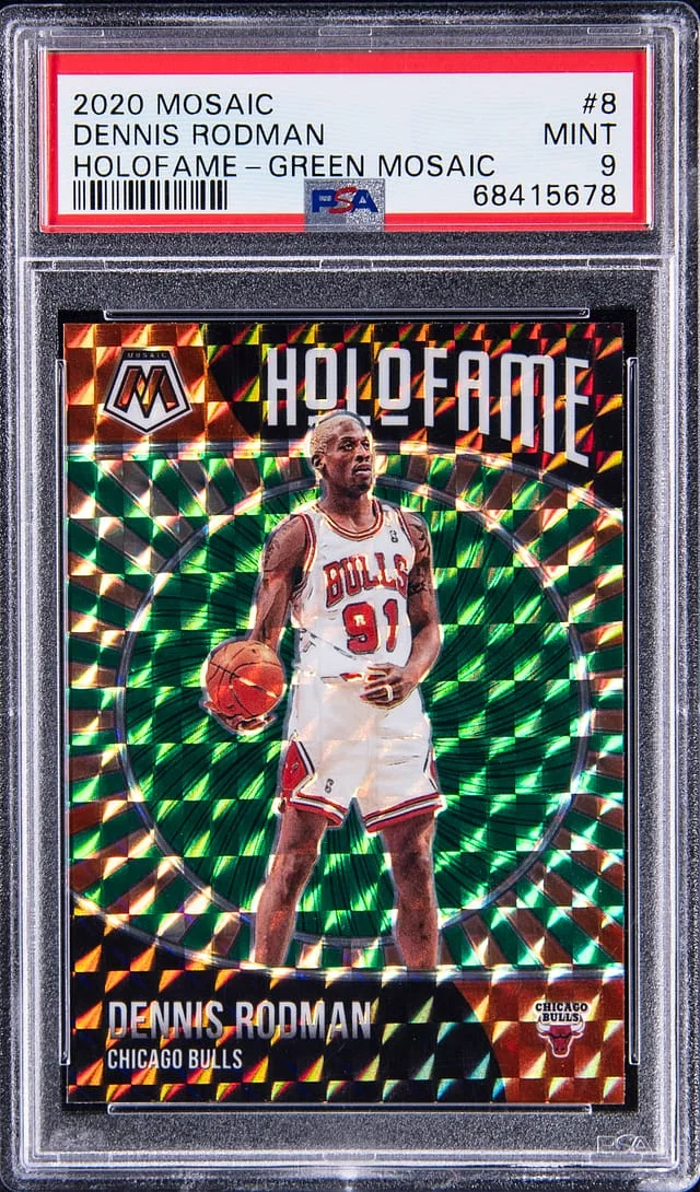 2020-21 Panini Mosaic Dennis Rodman HoloFame Green Mosaic #8 card image