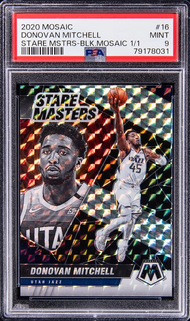 2020-21 Panini Mosaic Donovan Mitchell Stare Masters Black Mosaic 1/1 #16 card image