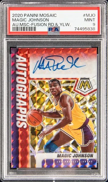 2020-21 Panini Mosaic Magic Johnson Autographs Mosaic Fusion Red & Yellow #MJO card image
