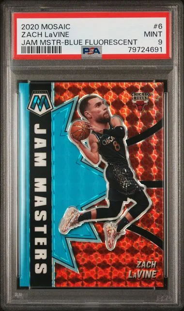 2020-21 Panini Mosaic Zach Lavine Jam Masters Blue Fluorescent #6 card image