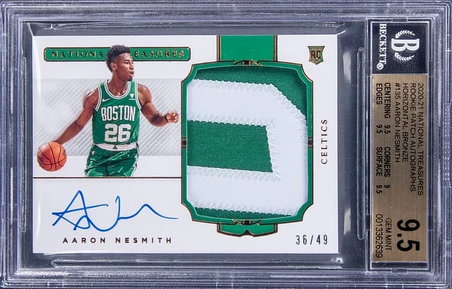 2020-21 Panini National Treasures Aaron Nesmith Patch Autograph (RPA) Purple 1st Off The Line (FOTL) #135 card image