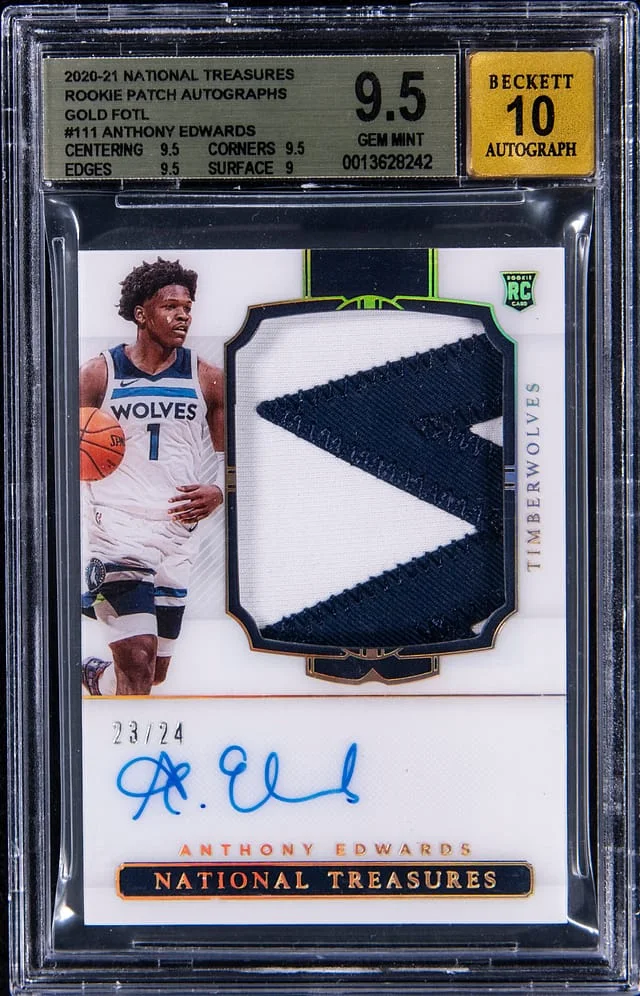 2020-21 Panini National Treasures Anthony Edwards Patch Autograph (RPA) Gold 1st Off the Line (FOTL) #111 card image