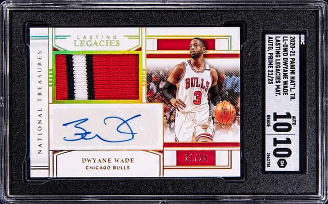 2020-21 Panini National Treasures Dwayne Wade Lasting Legacies Material Autographed Prime #LL-DWD card image