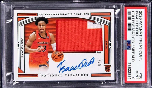 2020-21 Panini National Treasures Isaac Okoro Collegiate College Material Signature Emerald #38 card image