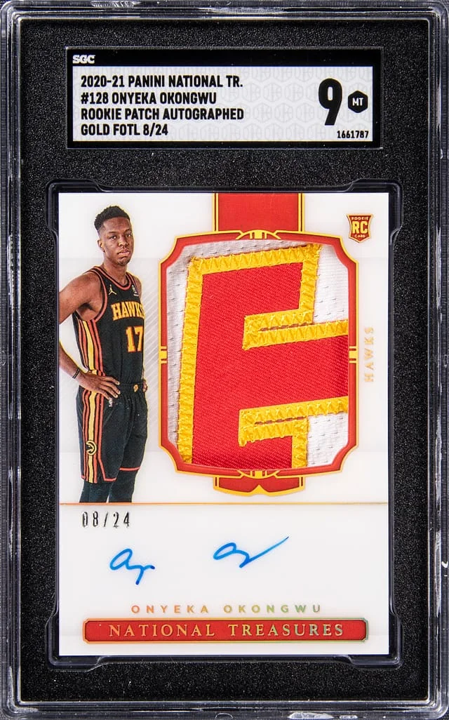 2020-21 Panini National Treasures Onyeka Okongwu Patch Autograph (RPA) Gold 1st Off The Line (FOTL) #128 card image