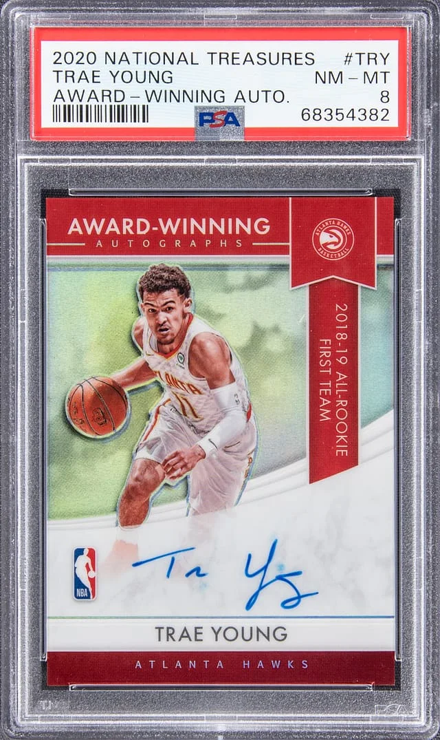2020-21 Panini National Treasures Trae Young Award-Winning Autographs #AW-TRY card image