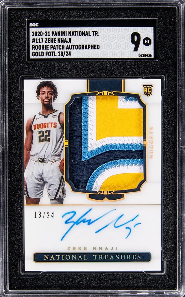 2020-21 Panini National Treasures Zeke Nnaji Patch Autograph (RPA) Gold 1st Off The Line (FOTL) #117 card image