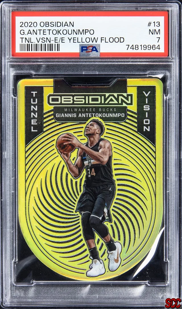 2020-21 Panini Obsidian Giannis Antetokounmpo Tunnel Vision Electric Etch Yellow Flood #13 card image