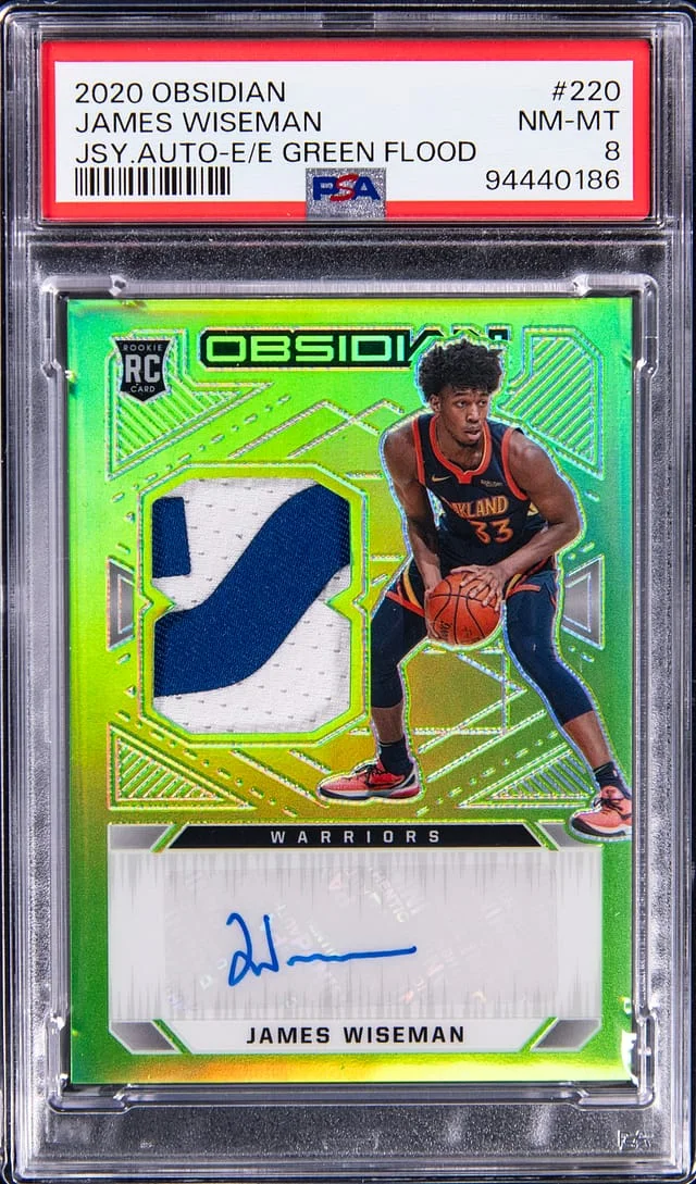 2020-21 Panini Obsidian James Wiseman Jersey Autograph Electric Etch Green Flood #220 card image