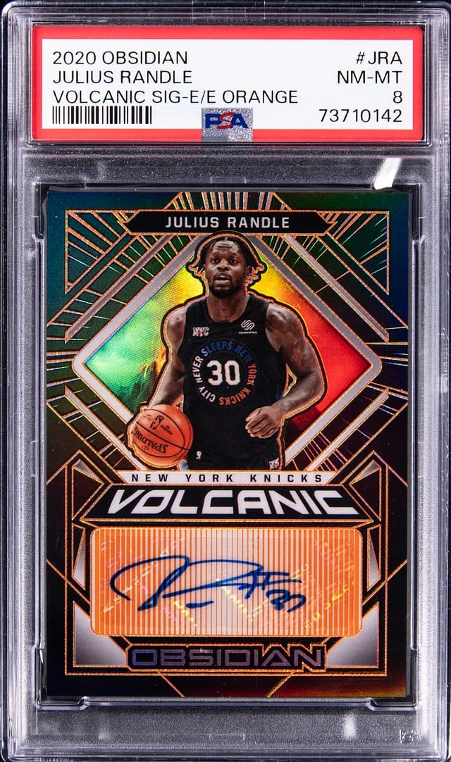 2020-21 Panini Obsidian Julius Randle Volcanic Signatures Electric Etch Orange #VOL-JRA card image