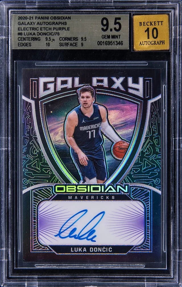 2020-21 Panini Obsidian Luka Doncic Galaxy Autographs Electric Etch Purple #8 card image