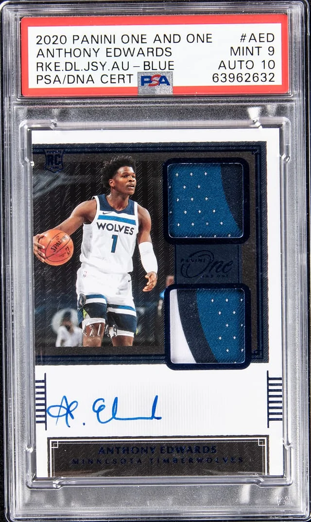 2020-21 Panini One and One Anthony Edwards Dual Jersey Autograph Blue #RDJ-AED card image