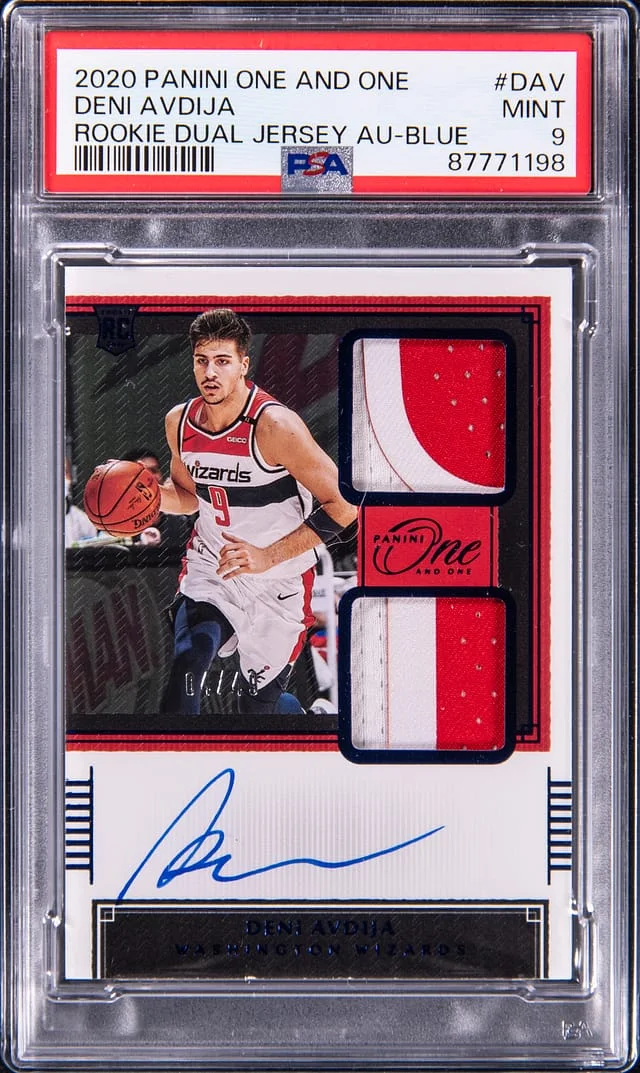 2020-21 Panini One and One Deni Avdija Dual Jersey Autograph Blue #RDJ-DAV card image