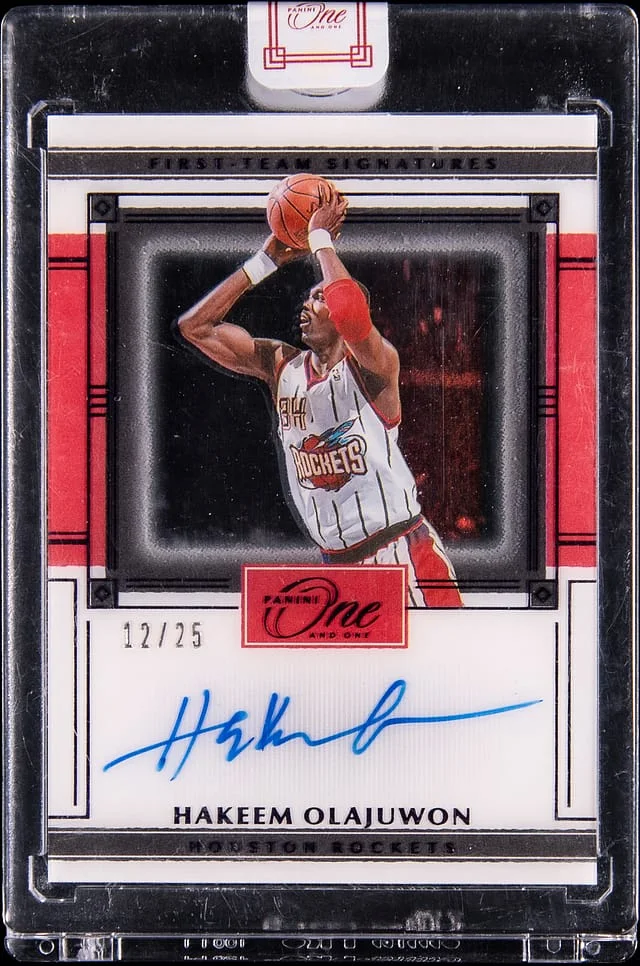 2020-21 Panini One and One Hakeem Olajuwon First Team Signatures Purple #FTS-HKO card image