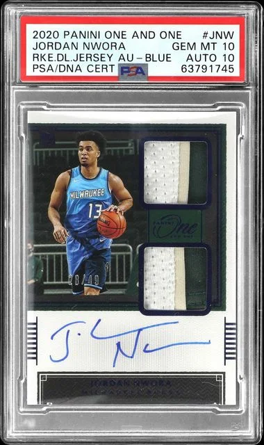 2020-21 Panini One and One Jordan Nwora Dual Jersey Autographs Blue #RDJ-JNW card image