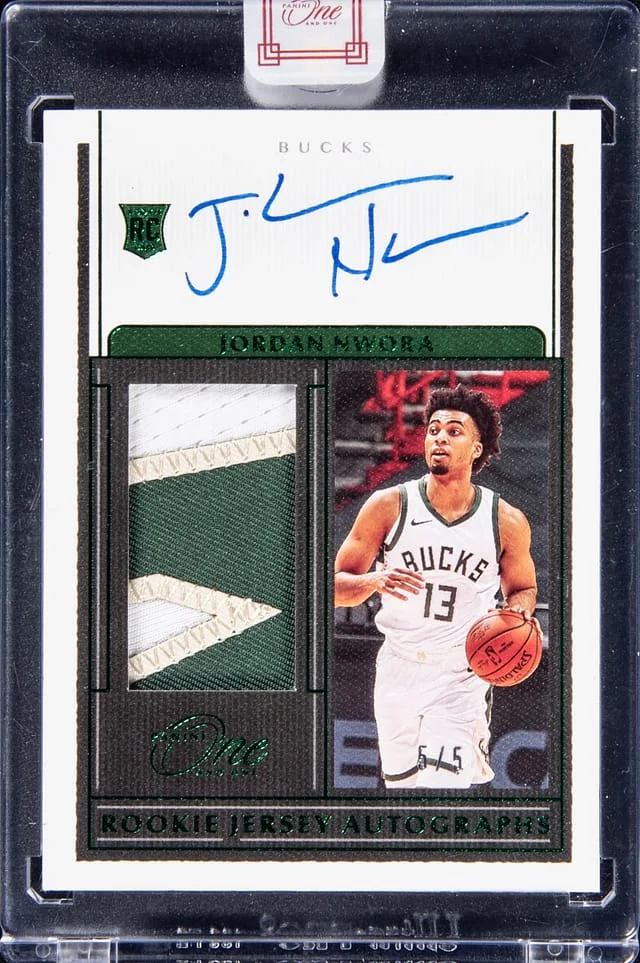 2020-21 Panini One and One Jordan Nwora Jersey Autographs Green #RJA-JNW card image