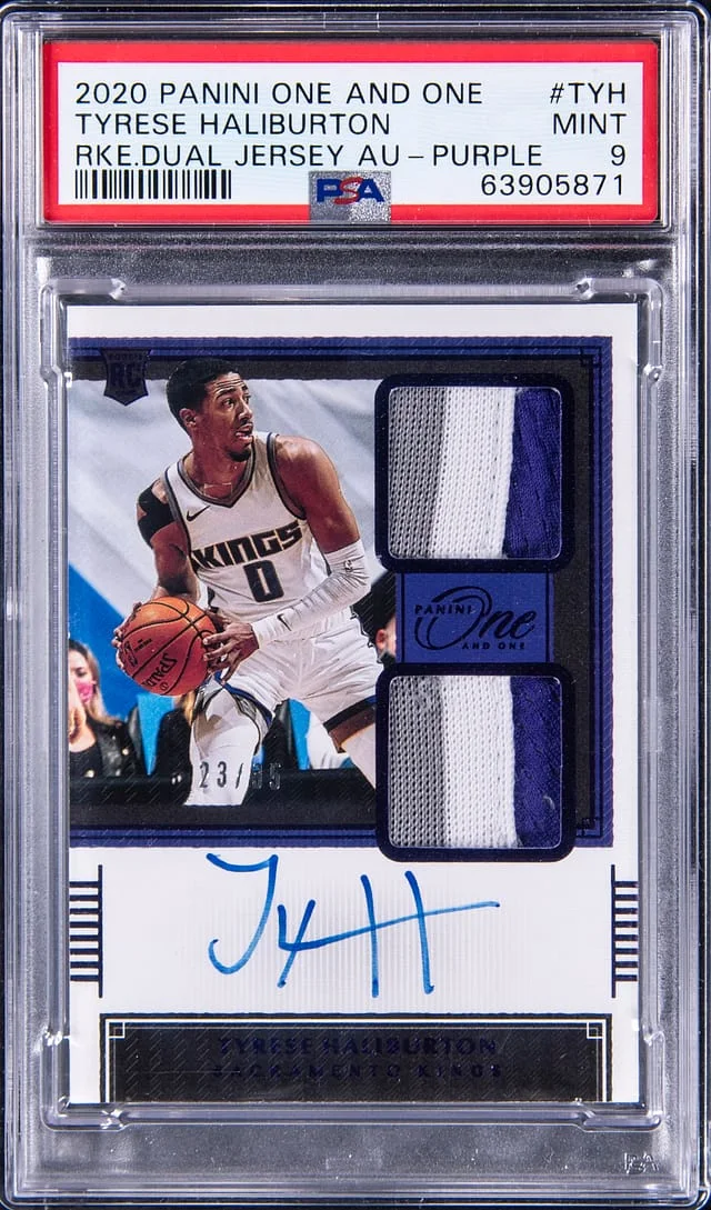 2020-21 Panini One and One Tyrese Haliburton Dual Jersey Autograph-Purple #TYH card image