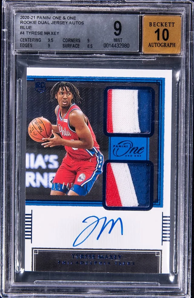 2020-21 Panini One and One Tyrese Maxey Dual Jersey Autographs Blue #4 card image