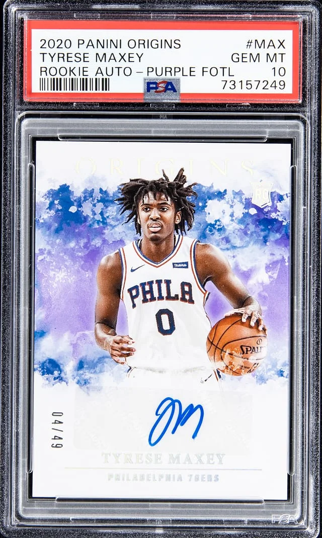 2020-21 Panini Origins Tyrese Maxey Autograph Purple First Off the Line #MAX card image