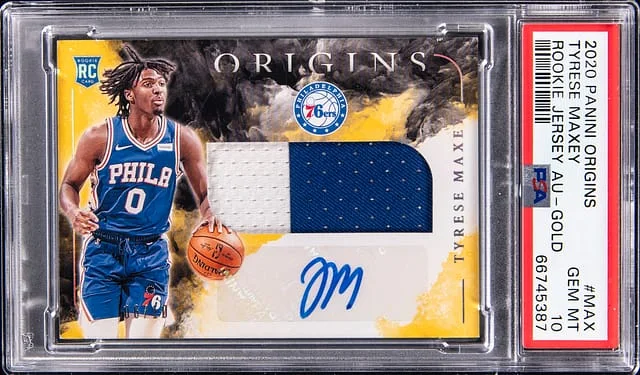 2020-21 Panini Origins Tyrese Maxey Jersey Autograph Gold #RJA-MAX card image