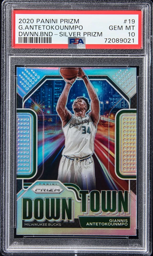 2020-21 Panini Prizm Giannis Antetokounmpo Downtown Bound Silver #19 card image
