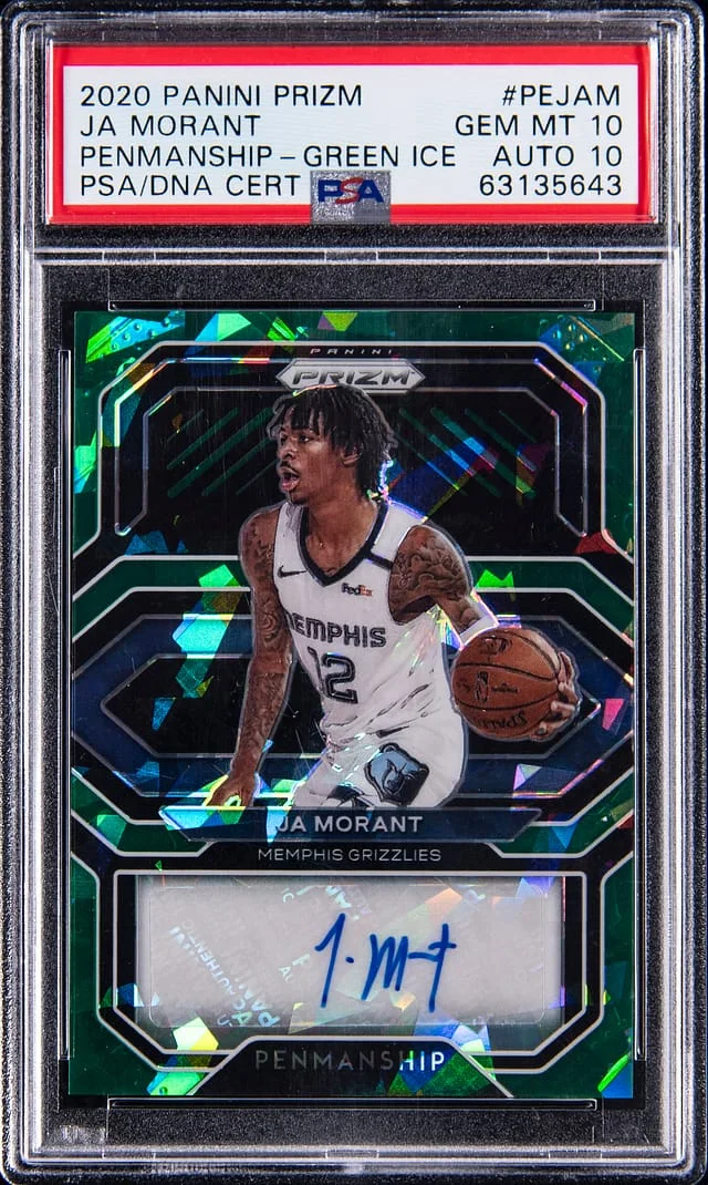2020-21 Panini Prizm Ja Morant Penmanship Green Ice #PE-JAM card image