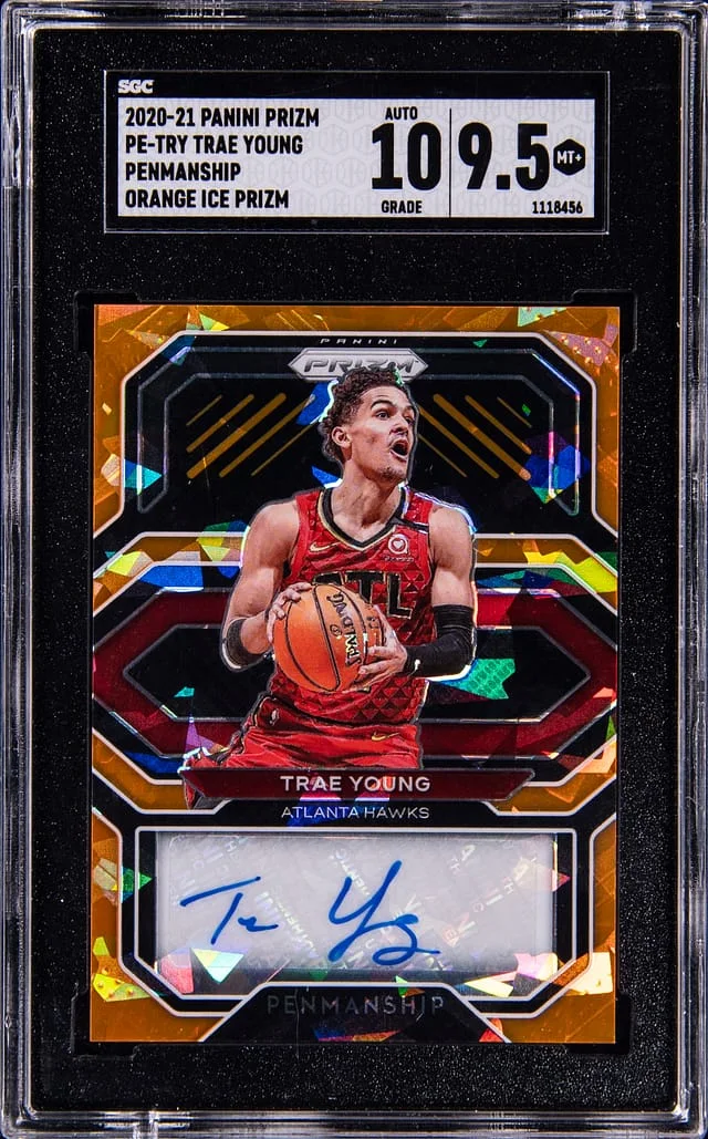 2020-21 Panini Prizm Trae Young Penmanship Orange Ice Prizm #PE-TRY card image