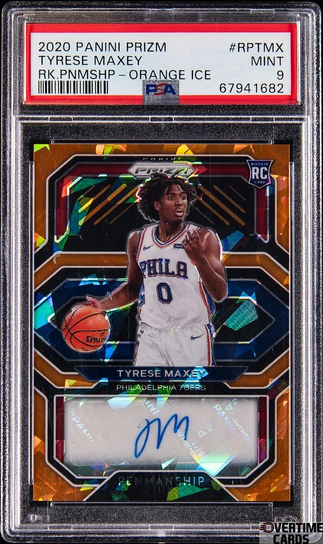 2020-21 Panini Prizm Tyrese Maxey Penmanship Orange Ice #RP-TMX card image