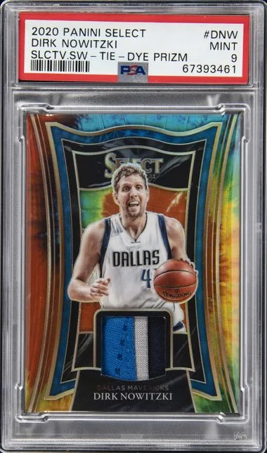 2020-21 Panini Select Dirk Nowitzki Selective Swatches Tie Dye Prizm #SS-DNW card image