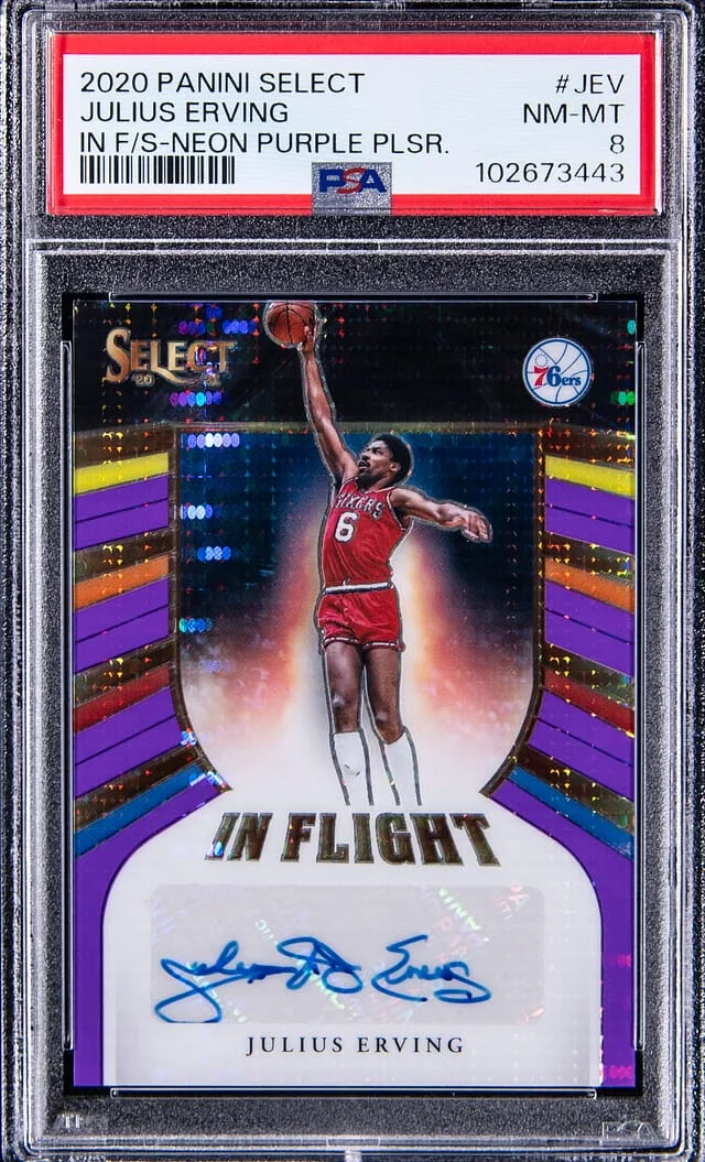 2020-21 Panini Select Julius Erving In Flight Signatures Neon Purple Pulsar Prizm #IF-JEV card image