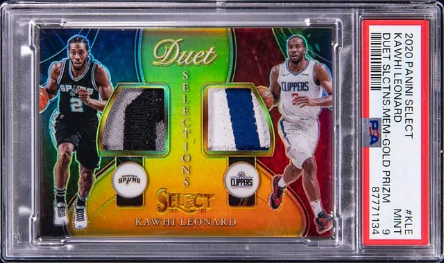2020-21 Panini Select Kawhi Leonard Game-Used Duet Selections Memorabilia Gold Prizm #DS-KLE card image