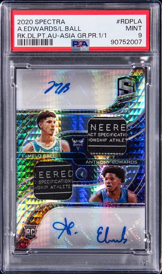2020-21 Panini Spectra Anthony Edwards/LaMelo Ball Dual Patch Autograph Asia Green/Purple #RDP-LA card image