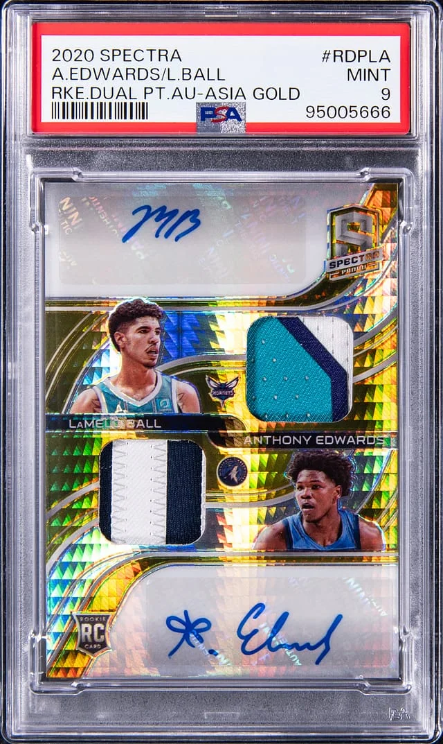 2020-21 Panini Spectra Anthony Edwards/LaMelo Ball Dual Patch Autographs Asia Gold #RDPLA card image