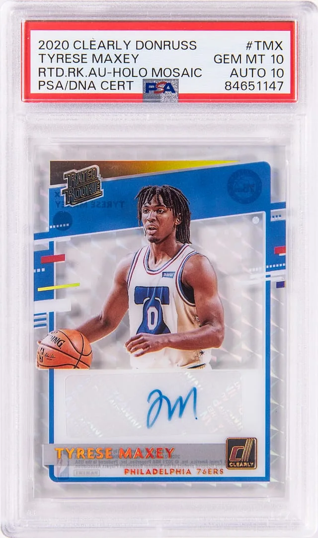 2020-21 Panini Tyrese Maxey Clearly Donruss Rated Autograph Holo Mosaic #TMX card image