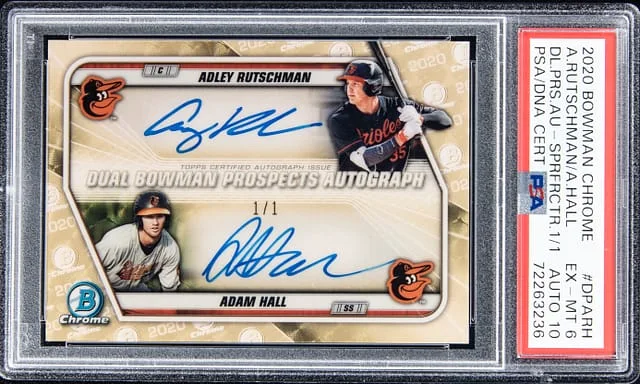 2020 Bowman Chrome Adley Rutshman/Adam Hall Dual Prospects Autograph Superfractor #DPA-RH card image