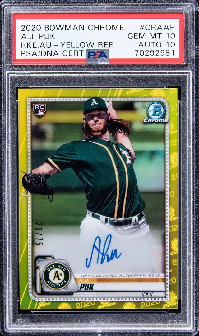 2020 Bowman Chrome A.J. Puk Autographs Yellow Refractor #CRAAP card image