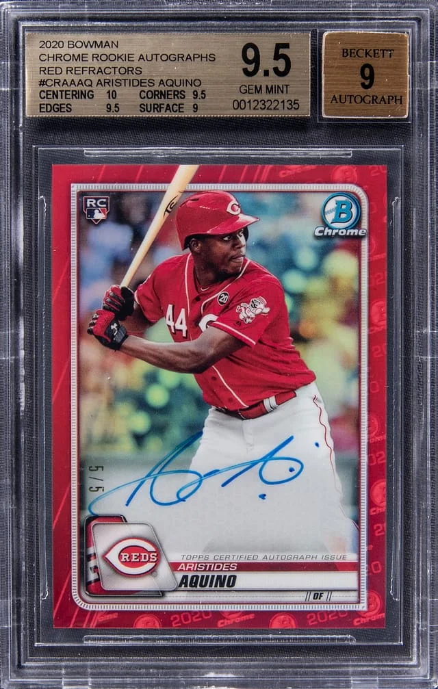 2020 Bowman Chrome Aristides Aquino Autographs Red Refractor #CRA-AAQ card image