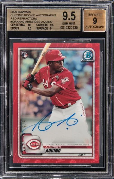 2020 Bowman Chrome Aristides Aquino Autographs Red Refractors #CRAAAQ card image