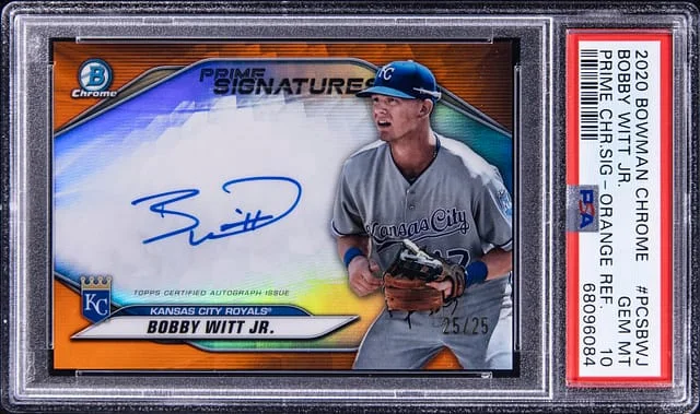 2020 Bowman Chrome Bobby Witt Jr Prime Signatures - Orange Refractor #PCSBWJ card image