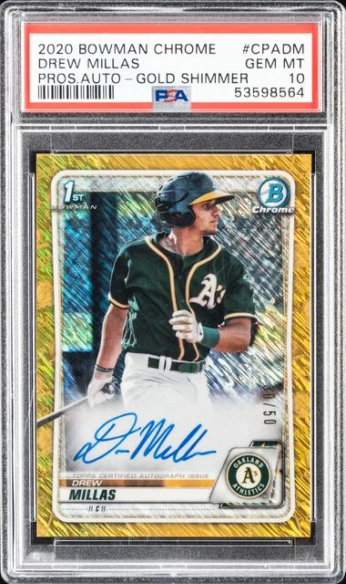 2020 Bowman Chrome Drew Millas Prospect Autographs Gold Shimmer #CPADM card image