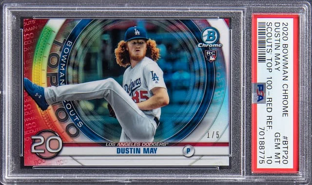 2020 Bowman Chrome Dustin May Scouts' Top 100 Red Refractor #BTP-20 card image