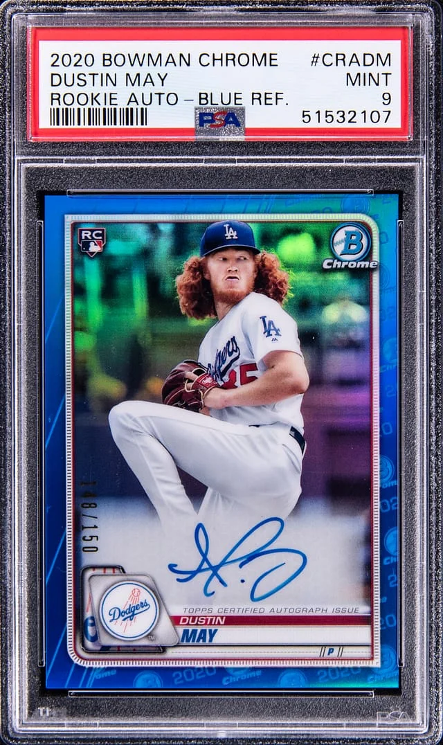 2020 Bowman Chrome Dustin May Autograph Blue Refractor #CRADM card image
