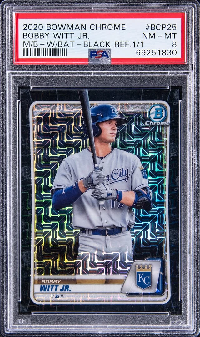 2020 Bowman Chrome Mega Box Bobby Witt Jr. (With Bat) Black Refractor #BCP25 card image