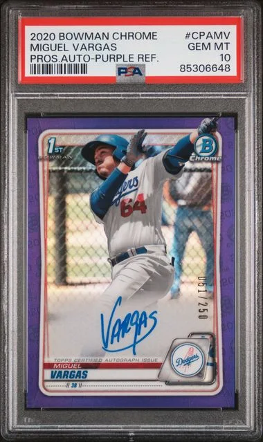 2020 Bowman Chrome Miguel Vargas Prospect Autographs Purple Refractor #CPA-MV card image
