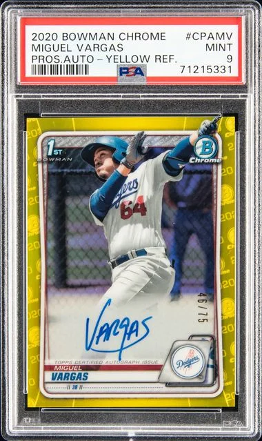 2020 Bowman Chrome Miguel Vargas Prospect Autographs Yellow Refractor #CPA-MW card image
