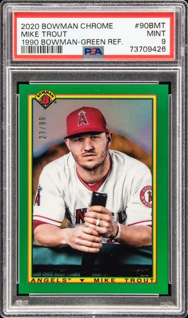 2020 Bowman Chrome Mike Trout 1990 Bowman Green Refractor #90B-MT card image