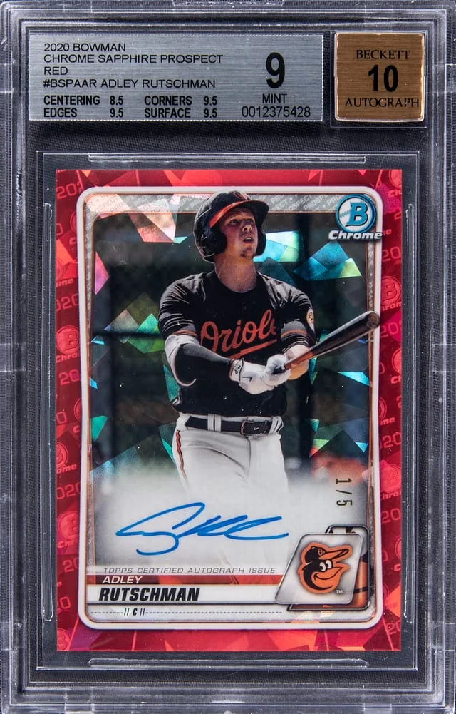 2020 Bowman Chrome Sapphire Adley Rutschman Prospect Autographs Red #BSPA-AR card image