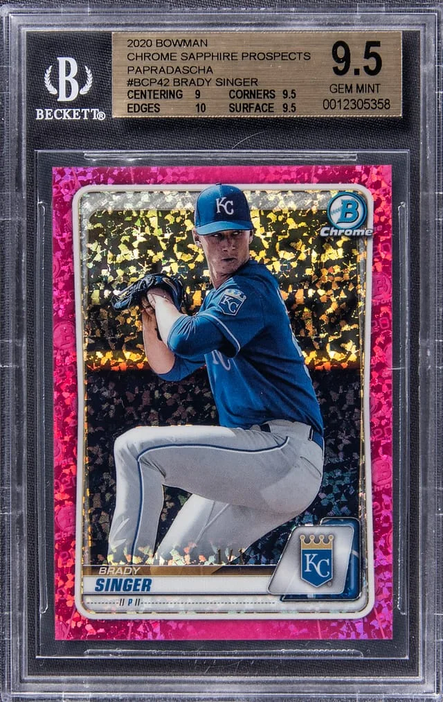 2020 Bowman Chrome Sapphire Brady Singer Prospects Padparadscha #BCP-42 card image